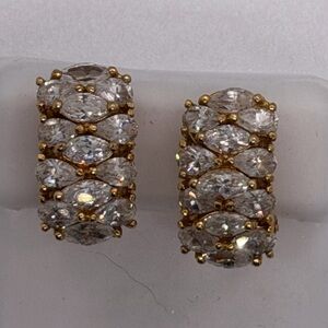 Vintage 1990s Spain Rhinestone Clip-On Earrings Gold Tone Navette Bridal Glam